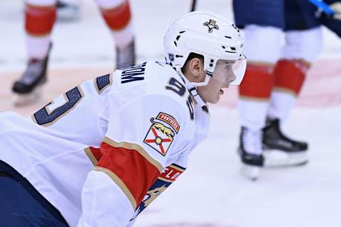 TORONTO, ON – DECEMBER 20: Florida Panthers Center Henrik Borgstrom (95) in warmups prior to the regular season NHL game between the Florida Panthers and Toronto Maple Leafs on December 20, 2018 at Scotiabank Arena in Toronto, ON. (Photo by Gerry Angus/Icon Sportswire via Getty Images)