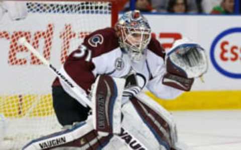 Feb 20, 2016; Edmonton, Alberta, CAN; Colorado Avalanche goaltender Calvin Pickard (31) follows the play against the Edmonton Oilers at Rexall Place. Mandatory Credit: Perry Nelson-USA TODAY Sports