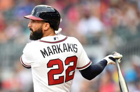 ATLANTA, GA – JULY 14: Nick Markakis #22 of the Atlanta Braves hits a ninth inning single against the Arizona Diamondbacks at SunTrust Park on July 14, 2018 in Atlanta, Georgia. (Photo by Scott Cunningham/Getty Images)