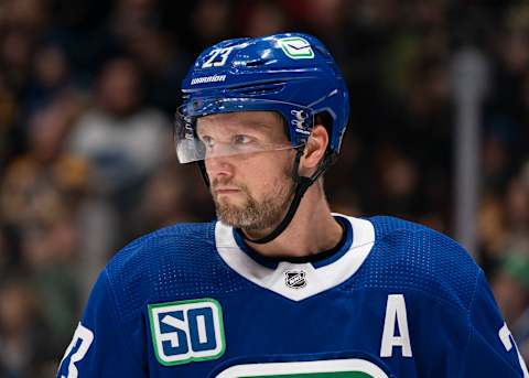 VANCOUVER, BC – FEBRUARY 22: Alexander Edler #23 of the Vancouver Canucks during NHL action against the Boston Bruins at Rogers Arena on February 22, 2020 in Vancouver, Canada. (Photo by Rich Lam/Getty Images)