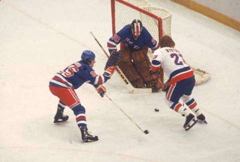 John Davidson, goalkeeper for the New York Rangers, on the ice during a playoff game against the New York Islanders at Nassau Coliseum,. (Photo by Melchior DiGiacomo/Getty Images)