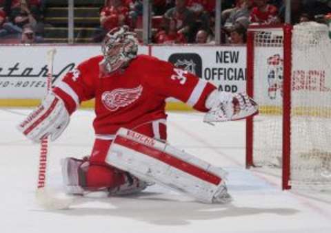 Feb 6, 2016; Detroit, MI, USA; Detroit Red Wings goalie Petr Mrazek (34) makes the save during the second period of the game against the New York Islanders at Joe Louis Arena. Mandatory Credit: Leon Halip-USA TODAY Sports