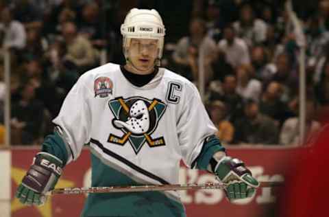 ANAHEIM, CA – JUNE 7: Paul Kariya #9 of the Anaheim Mighty Ducks looks on during Game Six of the 2003 Stanley Cup Finals against the New Jersey Devils at the Arrowhead Pond of Anaheim on June 7, 2003, in Anaheim, California. The Ducks won 5-2. (Photo by Brian Bahr/Getty Images/NHLI)