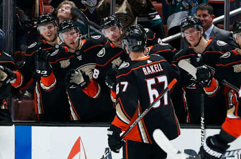 ANAHEIM, CA – NOVEMBER 1: Rickard Rakell #67 of the Anaheim Ducks celebrates his third-period goal with his teammates during the game against the New York Rangers on November 1, 2018, at Honda Center in Anaheim, California. (Photo by Debora Robinson/NHLI via Getty Images)