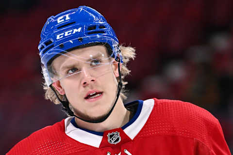 MONTREAL, CANADA – NOVEMBER 22: Kaiden Guhle #21 of the Montreal Canadiens skates during the warmup prior to the game against the Buffalo Sabres at Centre Bell on November 22, 2022 in Montreal, Quebec, Canada. The Buffalo Sabres defeated the Montreal Canadiens 7-2. (Photo by Minas Panagiotakis/Getty Images)