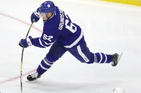 TORONTO, ON- SEPTEMBER 10 – Carl Grundstrom fires as the the Toronto Maple Leafs Rookie team plays the Ottawa Senators Rookies in the 2017 Rookie Tournament at Ricoh Coliseum in Toronto. September 10, 2017. (Steve Russell/Toronto Star via Getty Images)