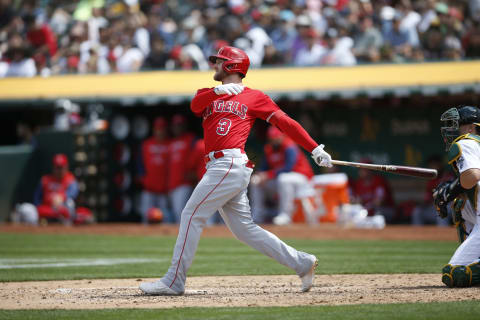 OAKLAND, CA – MAY 15: Taylor Ward #3 of the Los Angeles Angels bats during the game against the Oakland Athletics at RingCentral Coliseum on May 15, 2022 in Oakland, California. The Angels defeated the Athletics 4-1. (Photo by Michael Zagaris/Oakland Athletics/Getty Images)