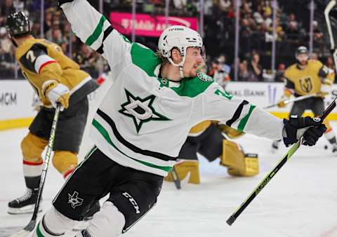 Roope Hintz #24 of the Dallas Stars celebrates his third-period goal against the Vegas Golden Knights in Game One of the Western Conference Final of the 2023 Stanley Cup Playoffs at T-Mobile Arena on May 19, 2023 in Las Vegas, Nevada. (Photo by Ethan Miller/Getty Images)