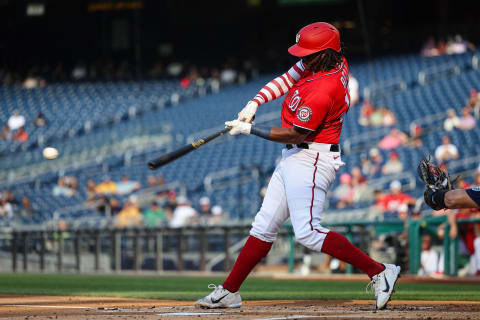 WASHINGTON, DC – JULY 13: Josh Bell #19 of the Washington Nationals at bat against the Seattle Mariners during the first inning of game two of a doubleheader at Nationals Park on July 13, 2022 in Washington, DC. (Photo by Scott Taetsch/Getty Images)