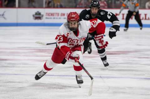 BOSTON, MA – NOVEMBER 8: Domenick Fensore #23 of the Boston University Terriers skates against the Providence College Friars during NCAA men’s hockey at the Agganis Arena on November 8, 2019 in Boston, Massachusetts. The game ended in a 3-3 tie. (Photo by Richard T Gagnon/Getty Images)