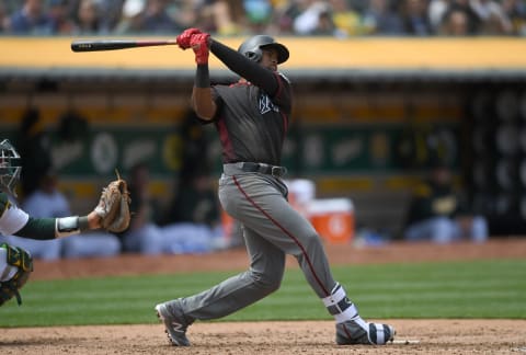 OAKLAND, CA – MAY 26: Socrates Britto #19 of the Arizona Diamondbacks bats against the Oakland Athletics in the top of the seventh inning at the Oakland Alameda Coliseum on May 26, 2018 in Oakland, California. (Photo by Thearon W. Henderson/Getty Images)