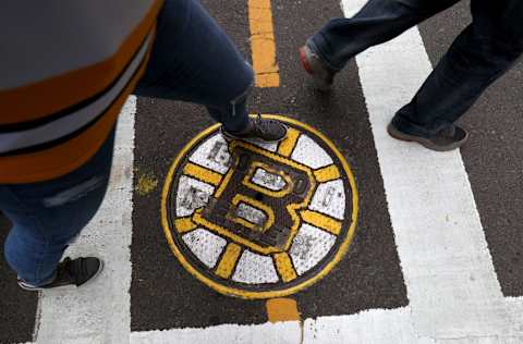 BOSTON, MASSACHUSETTS – MAY 29: The Boston Bruins logo is seen on the street before Game Two of the 2019 NHL Stanley Cup Final between the St. Louis Blues and Boston Bruins at TD Garden on May 29, 2019 in Boston, Massachusetts. (Photo by Dave Sandford/NHLI via Getty Images)