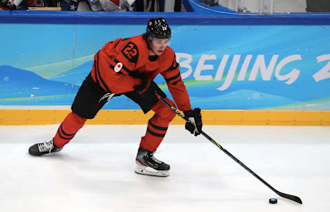 BEIJING, CHINA – FEBRUARY 12: Owen Power #22 of Team Canada in action during the Men’s Ice Hockey Preliminary Round Group A match between Team Canada and Team United States on Day 8 of the Beijing 2022 Winter Olympic Games at National Indoor Stadium on February 12, 2022 in Beijing, China. (Photo by Xavier Laine/Getty images)