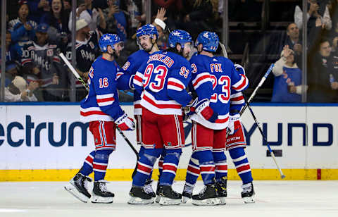 New York Rangers center Mika Zibanejad (93) celebrates his second goal of the game . Credit: Danny Wild-USA TODAY Sports