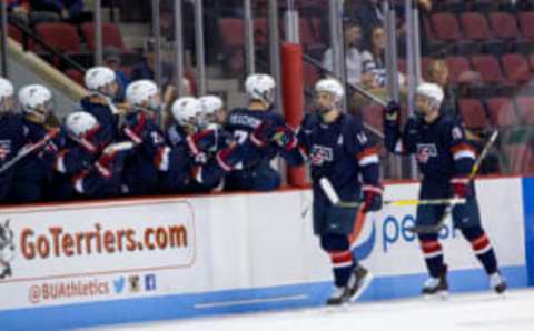 BOSTON, MA – OCTOBER 6: Josh Norris #14 of the U.S. National Under-18 Team celebrates his goal against the Boston University Terriers during NCAA exhibition hockey at Agganis Arena on October 6, 2016 in Boston, Massachusetts. The Terriers won 8-2. (Photo by Richard T Gagnon/Getty Images)