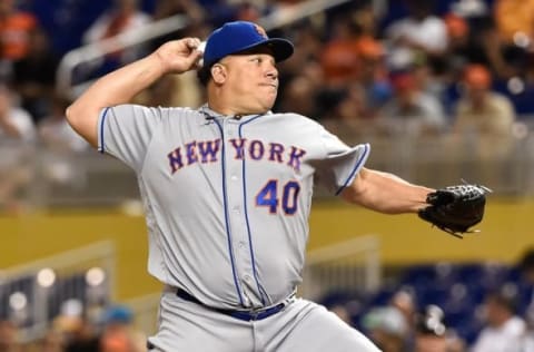 Sep 26, 2016; Miami, FL, USA; New York Mets starting pitcher Bartolo Colon (40) delivers a pitch during the first inning against the Miami Marlins at Marlins Park. Mandatory Credit: Steve Mitchell-USA TODAY Sports