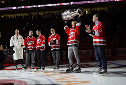 Feb 13, 2016; Raleigh, NC, USA; Carolina Hurricanes former players Kevin Adams, Glen Wesley, Rod Brinbd