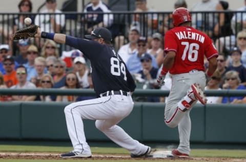 Valentin Beats the Throw, but Will He Beat the Competition for a Utility Role? Photo by Reinhold Matay – USA TODAY Sports. Philadelphia Phillies.