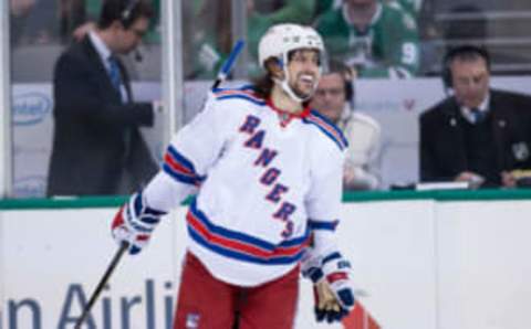 Dec 15, 2016; Dallas, TX, USA; New York Rangers right wing Mats Zuccarello (36) celebrates a goal against the Dallas Stars at the American Airlines Center. The Rangers shut out the Stars 2-0. Mandatory Credit: Jerome Miron-USA TODAY Sports