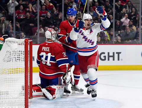 Feb 27, 2020; Montreal, Quebec, CAN; New York Rangers forward Chris Kreider (20) reacts after a teammate scored a goal against Montreal Canadiens goalie Carey Price (31) during the third period at the Bell Centre. Mandatory Credit: Eric Bolte-USA TODAY Sports