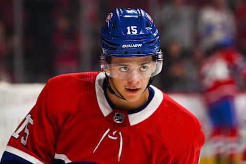 MONTREAL, QC – SEPTEMBER 28: Look on Montreal Canadiens center Jesperi Kotkaniemi (15) (Photo by David Kirouac/Icon Sportswire via Getty Images)