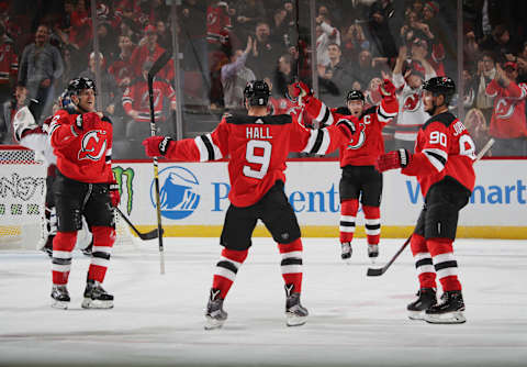 NEWARK, NEW JERSEY – OCTOBER 18: The New Jersey Devils celebrate a goal by Taylor Hall #9 at 15:42 of the second period against the Colorado Avalanche at the Prudential Center on October 18, 2018 in Newark, New Jersey. (Photo by Bruce Bennett/Getty Images)