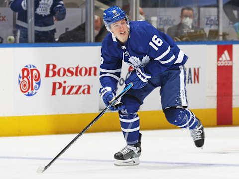 TORONTO, ON – JANUARY 5: Mitchell Marner #16 of the Toronto Maple Leafs skates against the Edmonton Oilers during an NHL game at Scotiabank Arena on January 5, 2022, in Toronto, Ontario, Canada. The Maple Leafs defeated the Oilers 4-2. (Photo by Claus Andersen/Getty Images)