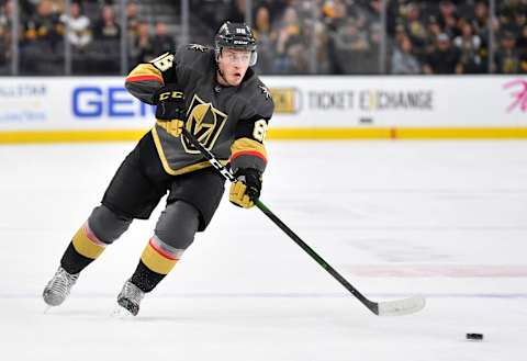 LAS VEGAS, NEVADA – JANUARY 07: Nate Schmidt #88 of the Vegas Golden Knights skates during the third period against the Pittsburgh Penguins at T-Mobile Arena on January 07, 2020 in Las Vegas, Nevada. (Photo by Jeff Bottari/NHLI via Getty Images)