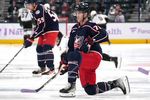 COLUMBUS, OHIO – NOVEMBER 16: Damon Severson #78 of the Columbus Blue Jackets warms up before a game against the Arizona Coyotes at Nationwide Arena on November 16, 2023 in Columbus, Ohio. (Photo by Jason Mowry/Getty Images)