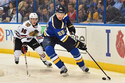 Mar 9, 2016; St. Louis, MO, USA; Chicago Blackhawks left wing Teuvo Teravainen (86) chases St. Louis Blues defenseman Colton Parayko (55) during the second period at Scottrade Center. Mandatory Credit: Jasen Vinlove-USA TODAY Sports