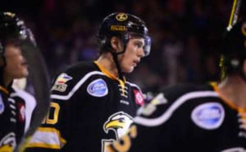 LOVELAND, CO – APRIL 14: Colorado Eagles defender Collin Bowman (10) skates off the ice after his team scored in the second period during the first game of the ECHL’s 2016 Kelly Cup Playoffs at the Budweiser Event Center on April 14, 2016 in Loveland, Colorado. The Colorado Eagles lost to the Utah Grizzlies 3-2 to drop one game back in the series. (Photo by Brent Lewis/The Denver Post via Getty Images)