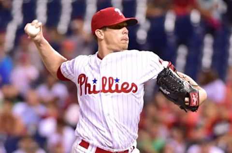 Sep 17, 2016; Philadelphia, PA, USA; Philadelphia Phillies starting pitcher Jeremy Hellickson (58) throws a pitch during the seventh inning against the Miami Marlins at Citizens Bank Park. The Phillies defeated the Marlins, 8-0. Mandatory Credit: Eric Hartline-USA TODAY Sports