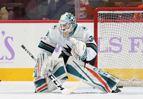 PHILADELPHIA, PA – NOVEMBER 28: Antoine Bibeau #34 of the San Jose Sharks warms up against the Philadelphia Flyers on November 28, 2017 at the Wells Fargo Center in Philadelphia, Pennsylvania. (Photo by Len Redkoles/NHLI via Getty Images)