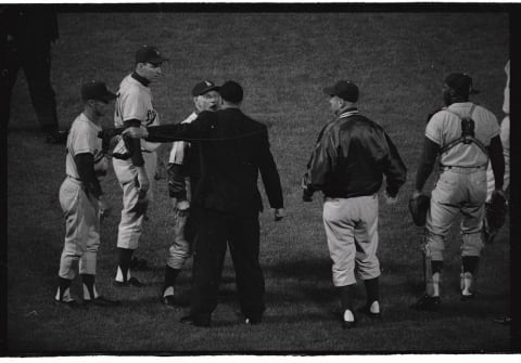 (Original Caption) Giant centerfielder Willie Mays is shown during the 6th inning on August 10th, that caused an argument leading to Dodger’s coach Leo Durocher being sent from the game. Dodger catcher, John Roseboro argued with umpire over a foul tip off May’s bat when Durocher stepped in and was thumbed from the game, after Mays got a two base hit.