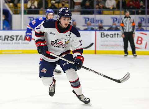 KITCHENER, ONTARIO – MARCH 04: Josh Bloom #17 of the Saginaw Spirits skates against the Kitchener Rangers during the second period at Kitchener Memorial Auditorium on March 04, 2022 in Kitchener, Ontario. (Photo by Chris Tanouye/Getty Images)