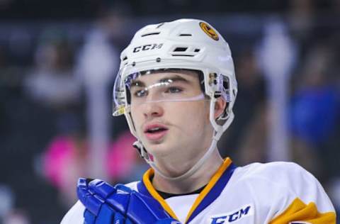 CALGARY, AB – OCTOBER 28: Kirby Dach #77 of the Saskatoon Blades in action against the Calgary Hitmen during a WHL game at the Scotiabank Saddledome on October 28, 2018 in Calgary, Alberta, Canada. (Photo by Derek Leung/Getty Images)