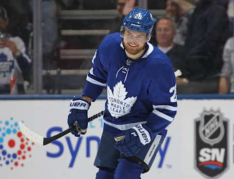 TORONTO, ON – FEBRUARY 23: William Nylander #29 of the Toronto Maple Leafs celebrates his goal against the Montreal Canadiens in an NHL game at Scotiabank Arena on February 23, 2019 in Toronto, Ontario, Canada. (Photo by Claus Andersen/Getty Images)