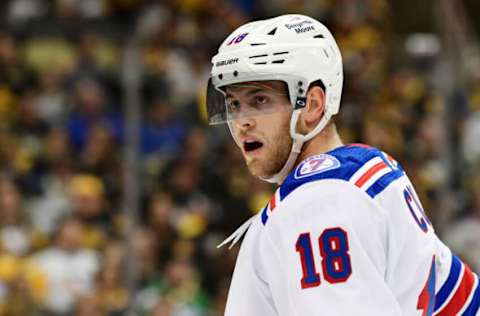 PITTSBURGH, PENNSYLVANIA – MAY 09: Andrew Copp #18 of the New York Rangers reacts during the first period of Game Four of the First Round of the 2022 Stanley Cup Playoffs against the Pittsburgh Penguins at PPG PAINTS Arena on May 09, 2022, in Pittsburgh, Pennsylvania. (Photo by Emilee Chinn/Getty Images)