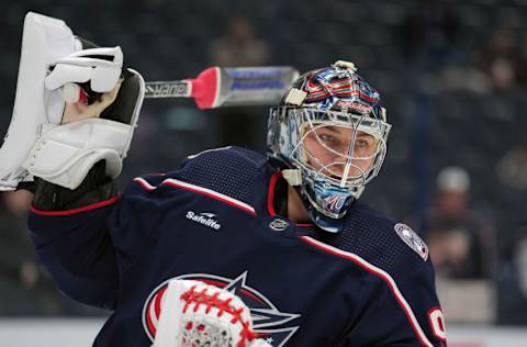 Mar 3, 2023; Columbus, Ohio, USA; Columbus Blue Jackets goaltender Elvis Merzlikins (90) skates in warm-ups prior to the game against the Seattle Kraken at Nationwide Arena. Mandatory Credit: Jason Mowry-USA TODAY Sports