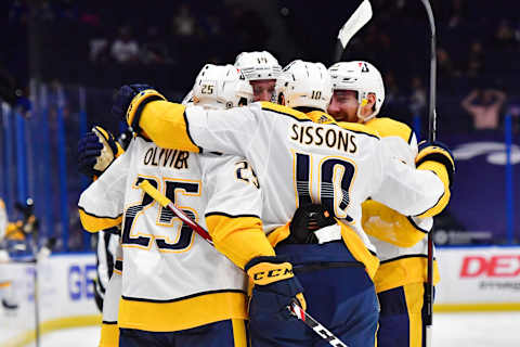 Mathieu Olivier #25, Colton Sissons #10, Mattias Ekholm #14, and Yakov Trenin #13 of the Nashville Predators (Photo by Julio Aguilar/Getty Images)