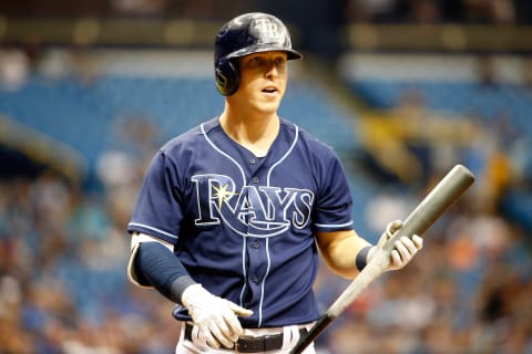 May 6, 2017; St. Petersburg, FL, USA; Tampa Bay Rays designated hitter Corey Dickerson (10) at bat against the Toronto Blue Jays at Tropicana Field. Mandatory Credit: Kim Klement-USA TODAY Sports