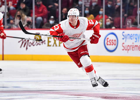 Lucas Raymond for the Detroit Red Wings. (Photo by Minas Panagiotakis/Getty Images)