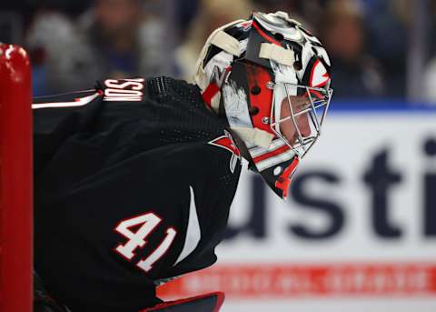 Apr 13, 2023; Buffalo, New York, USA; Buffalo Sabres goaltender Craig Anderson (41) during a stoppage in play against the Ottawa Senators during the first period at KeyBank Center. Mandatory Credit: Timothy T. Ludwig-USA TODAY Sports