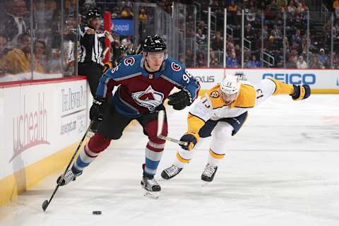 DENVER, CO – MARCH 16: Nick Bonino #13 of the Nashville Predators defends against Mikko Rantanen #96 of the Colorado Avalanche at the Pepsi Center on March 16, 2018 in Denver, Colorado. (Photo by Michael Martin/NHLI via Getty Images)