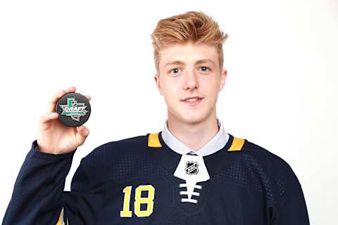 DALLAS, TX – JUNE 23: Matej Pekar poses after being selected 94th overall by the Buffalo Sabres during the 2018 NHL Draft at American Airlines Center on June 23, 2018 in Dallas, Texas. (Photo by Tom Pennington/Getty Images)