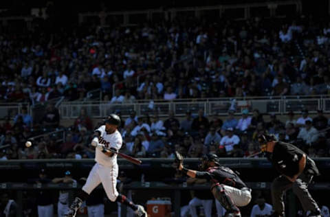 MINNEAPOLIS, MN – JUNE 03: Eddie Rosario #20 of the Minnesota Twins hits a walk-off two-run home run as Yan Gomes #7 of the Cleveland Indians catches during the ninth inning to end the game on June 3, 2018 at Target Field in Minneapolis, Minnesota. The Twins defeated the Indians 7-5. (Photo by Hannah Foslien/Getty Images)