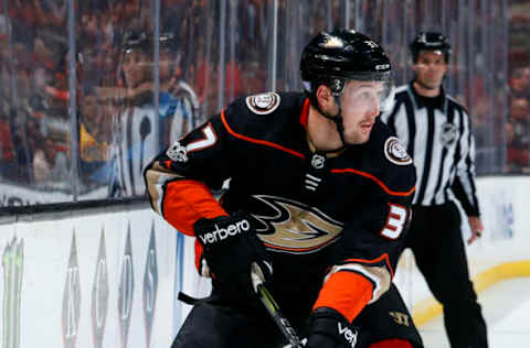 ANAHEIM, CA – NOVEMBER 15: Nick Ritchie #37 of the Anaheim Ducks skates with the puck during the game against the Boston Bruins on November 15, 2017, at Honda Center in Anaheim, California. (Photo by Debora Robinson/NHLI via Getty Images) *** Local Caption ***