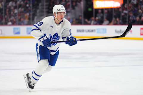 DENVER, COLORADO – DECEMBER 31: Pontus Holmberg #29 of the Toronto Maple Leafs . (Photo by Jack Dempsey/Getty Images)