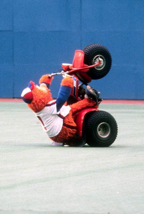 MONTREAL, QU – CIRCA 1989: The Montreal Expos mascot Youppi performs during a Major League Baseball game circa 1989 at Olympic Stadium in Montreal, Quebec. (Photo by Focus on Sport/Getty Images)