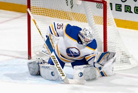 NEWARK, NEW JERSEY – FEBRUARY 23: Linus Ullmark #35 of the Buffalo Sabres skates against the New Jersey Devils at Prudential Center on February 23, 2021 in Newark, New Jersey. (Photo by Bruce Bennett/Getty Images)